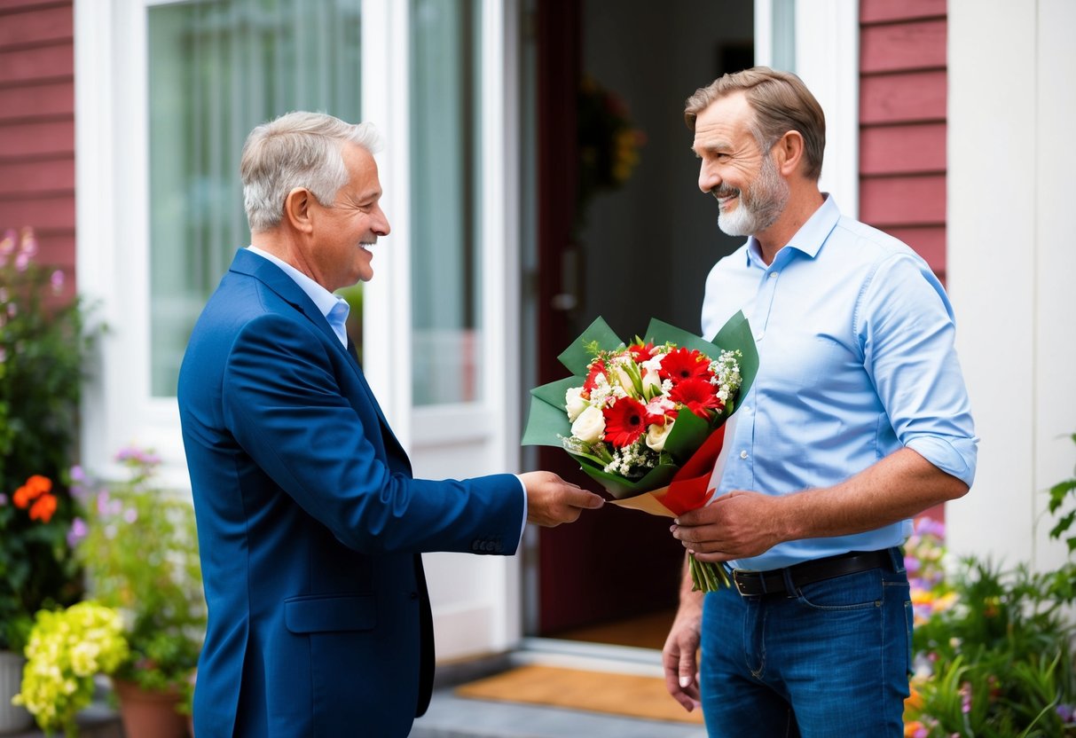 A father receiving a bouquet of flowers at his doorstep on Fathers Day in Sjaelland Denmark